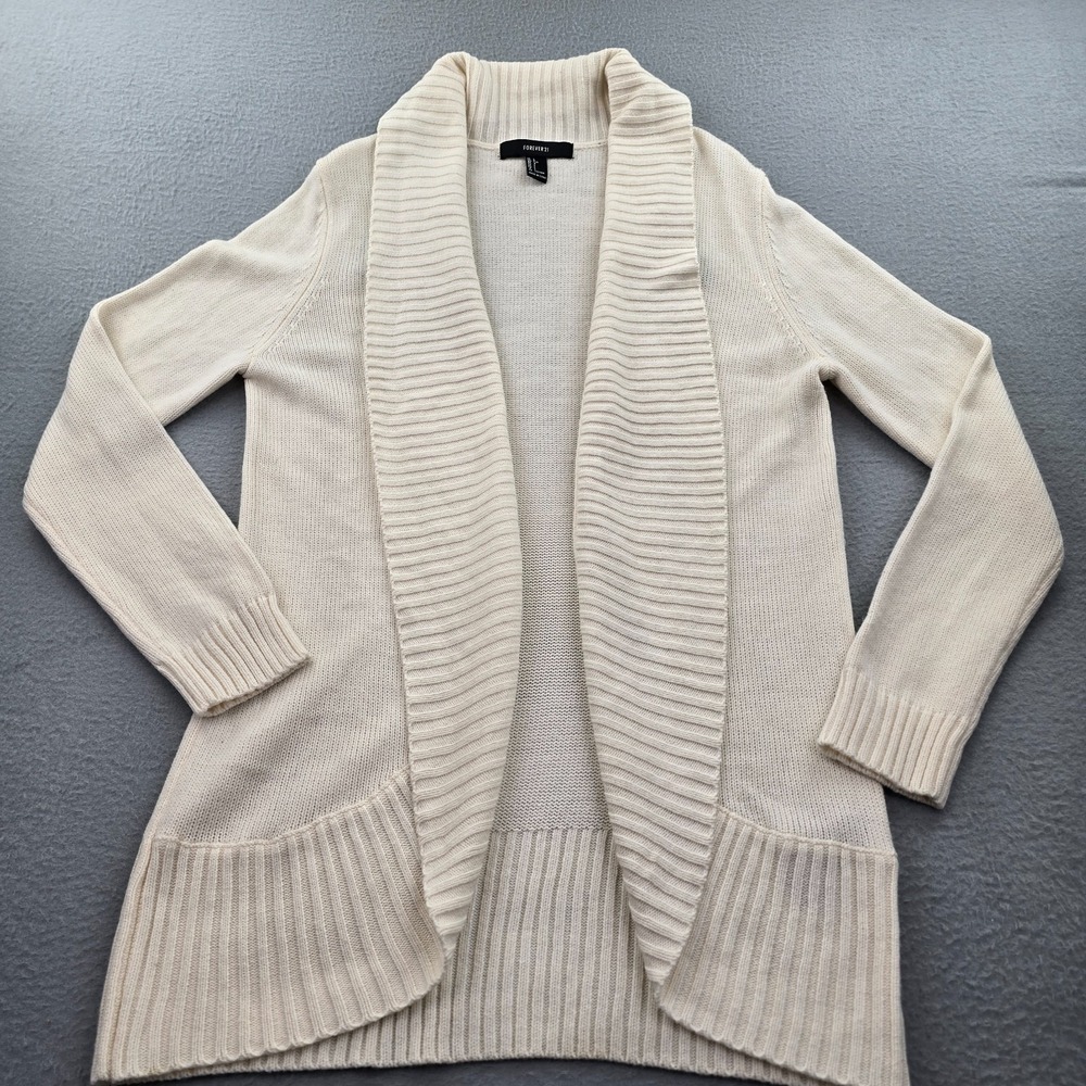 Forever 21 Cardigan Sweater Womens Large Beige Open Front Knit Shawl Collar Rib